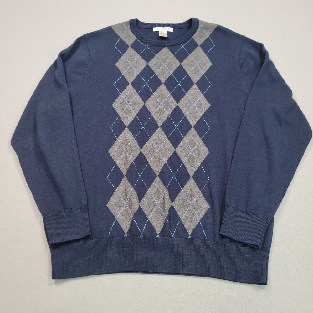 Geoffrey Beene Mens XL Argyle Sweater Blue Gray Cotton Crew Neck Pullover
